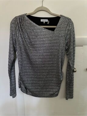 Calvin Klein Metallic Silver Long-Sleeve Asymmetrical Top